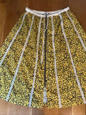 Derek Lam Yellow Floral A-Line Skirt with White Trim and Black Accents